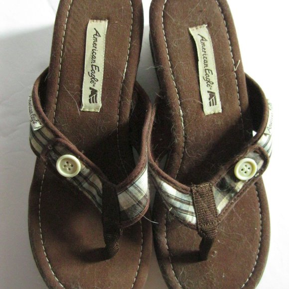 American Eagle Brown Plaid Button Wedge Sandals - Picture 4 of 9